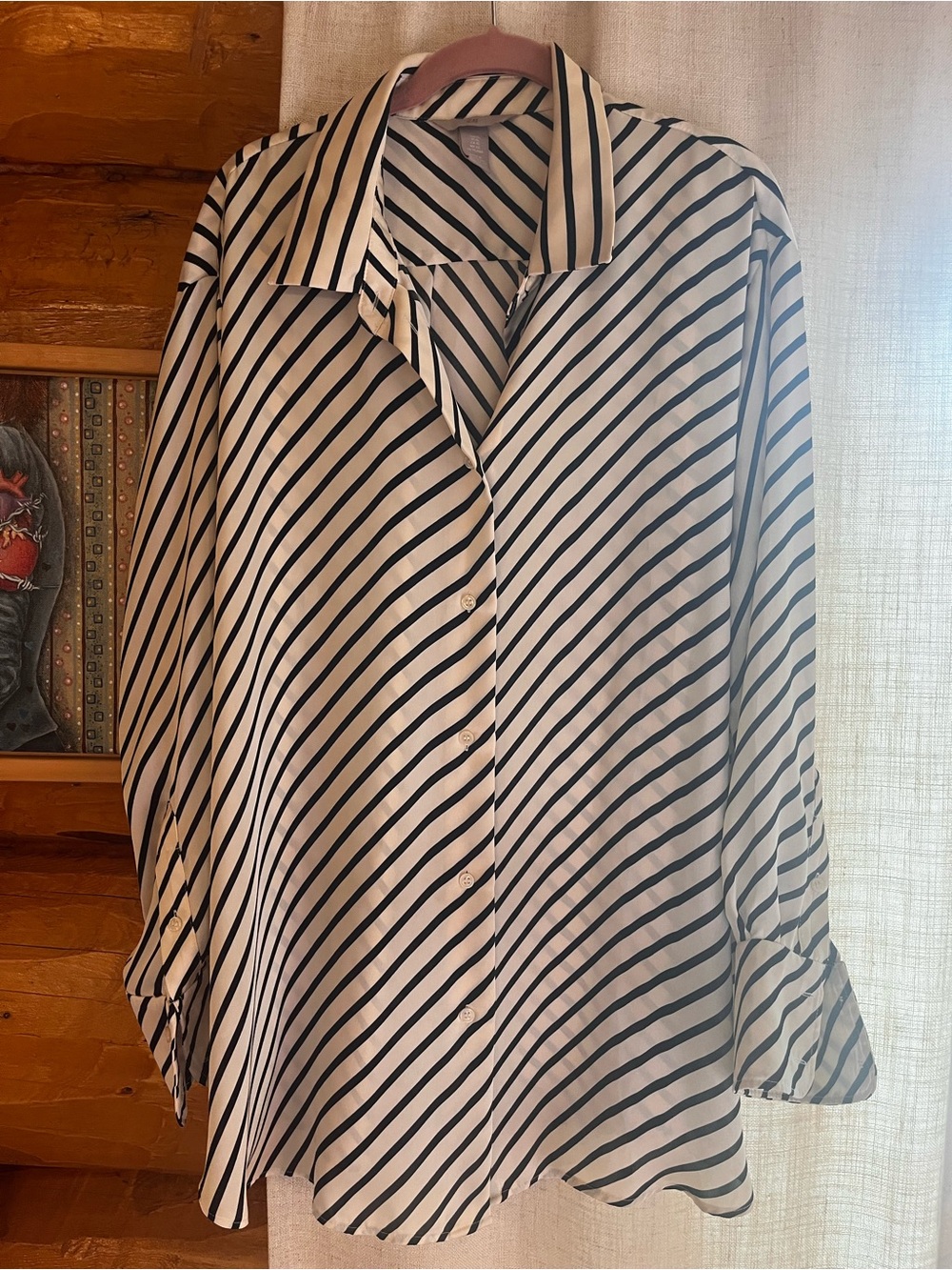 H&M Black & White Diagonal Striped Button Down Blouse Long Sleeve Size XL